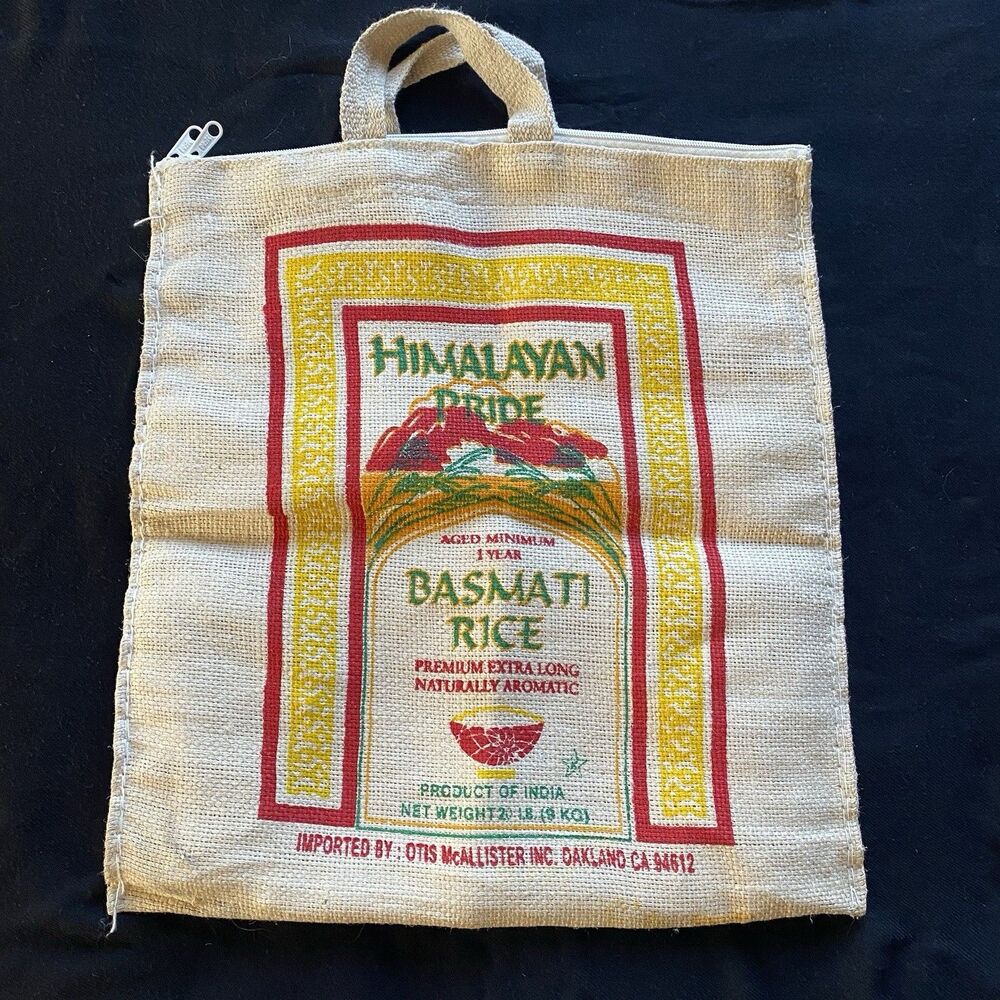 Himalayan Basmati Burlap Bag. Double Zipper. Handles. Tote Bag. Farmers Market.